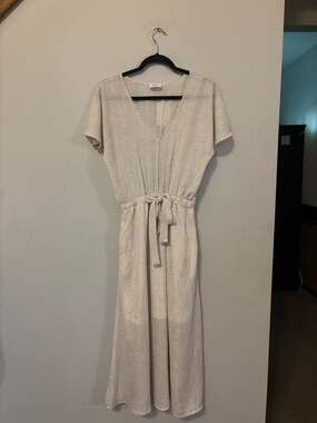 Sienna Sky Cream and Brown Micro Polka Dot Tie-Waist Midi Dress with Pockets